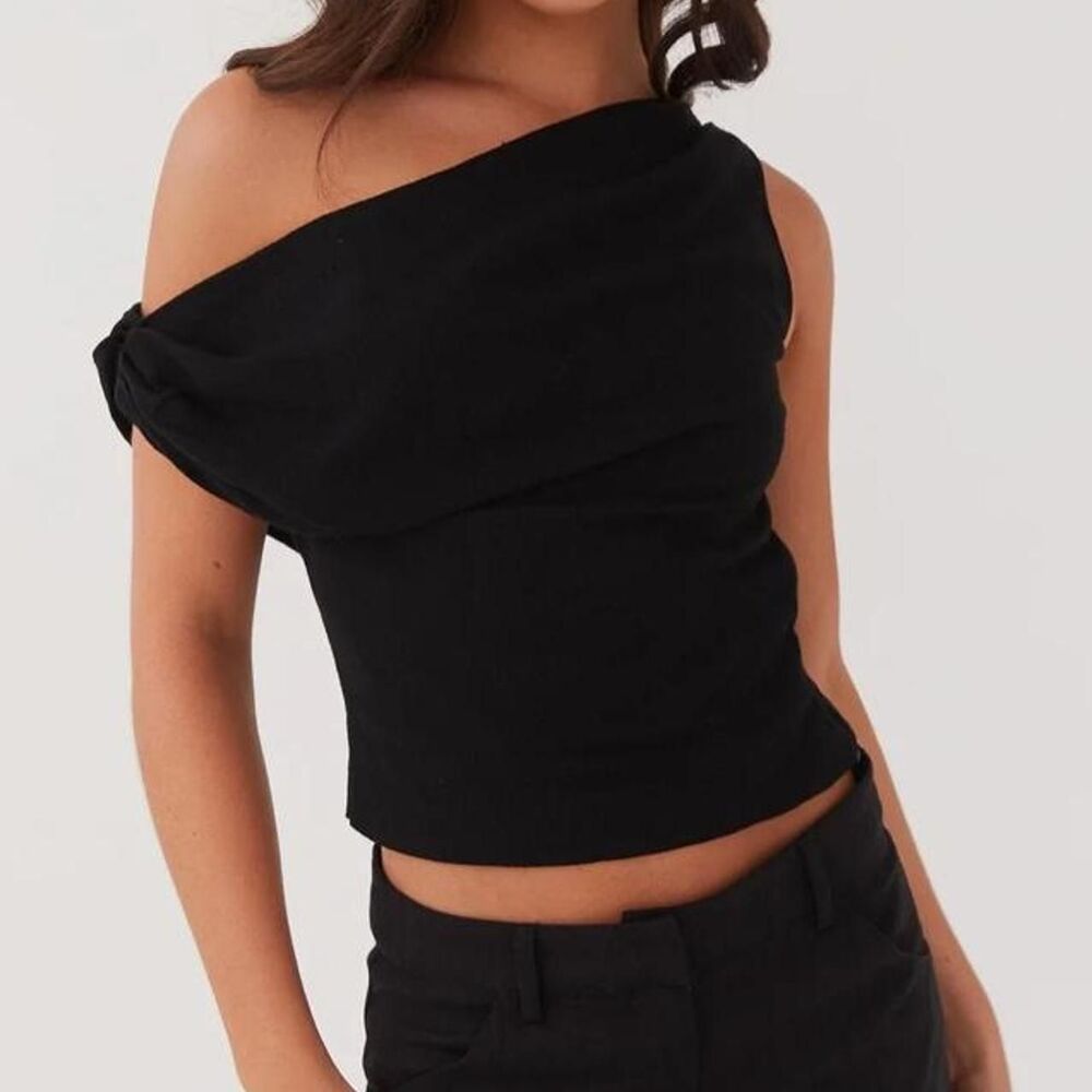 Peppermayo black linen one shoulder crop top